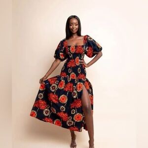 ÖFUÜRE Smocked Midi Dress | African Print | Zipper Slit | S/M